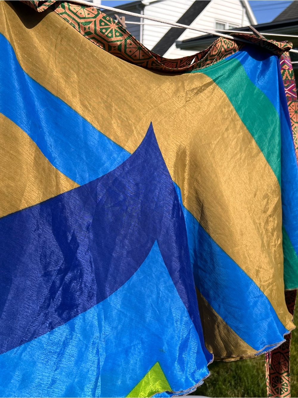 Vivid Colorblock Silk Scarf - Blue, Gold & Teal- midi skirt- adjustable waist